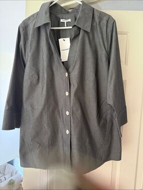 Foxcroft Dark Gray Three-Quarter Sleeve Button Blouse